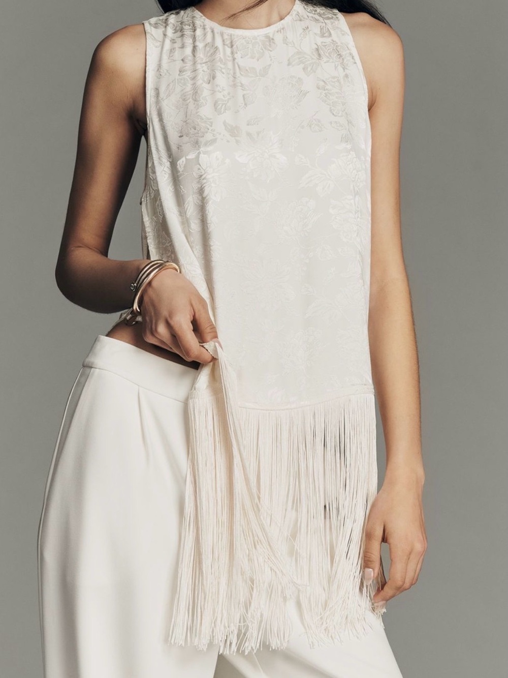 Anthro Sleeveless Fringe Top Cream